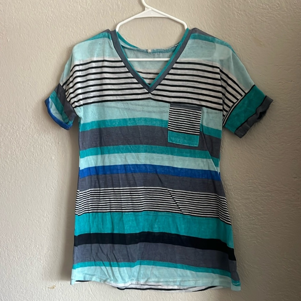 Casual summer mesh teal striped T-shirt with pocket detail